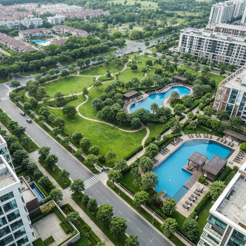 Wave City Township aerial view showing green parks and residential buildings