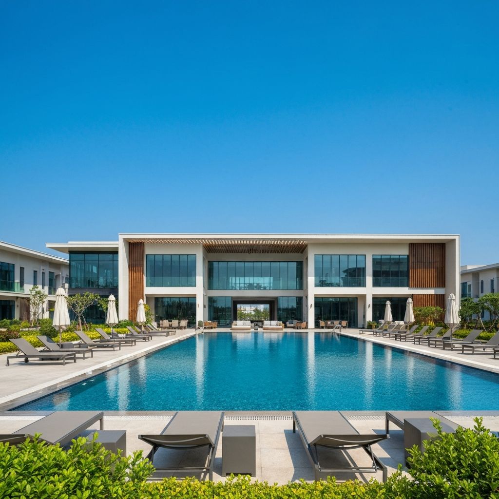 Wave City clubhouse with swimming pool and landscaped gardens