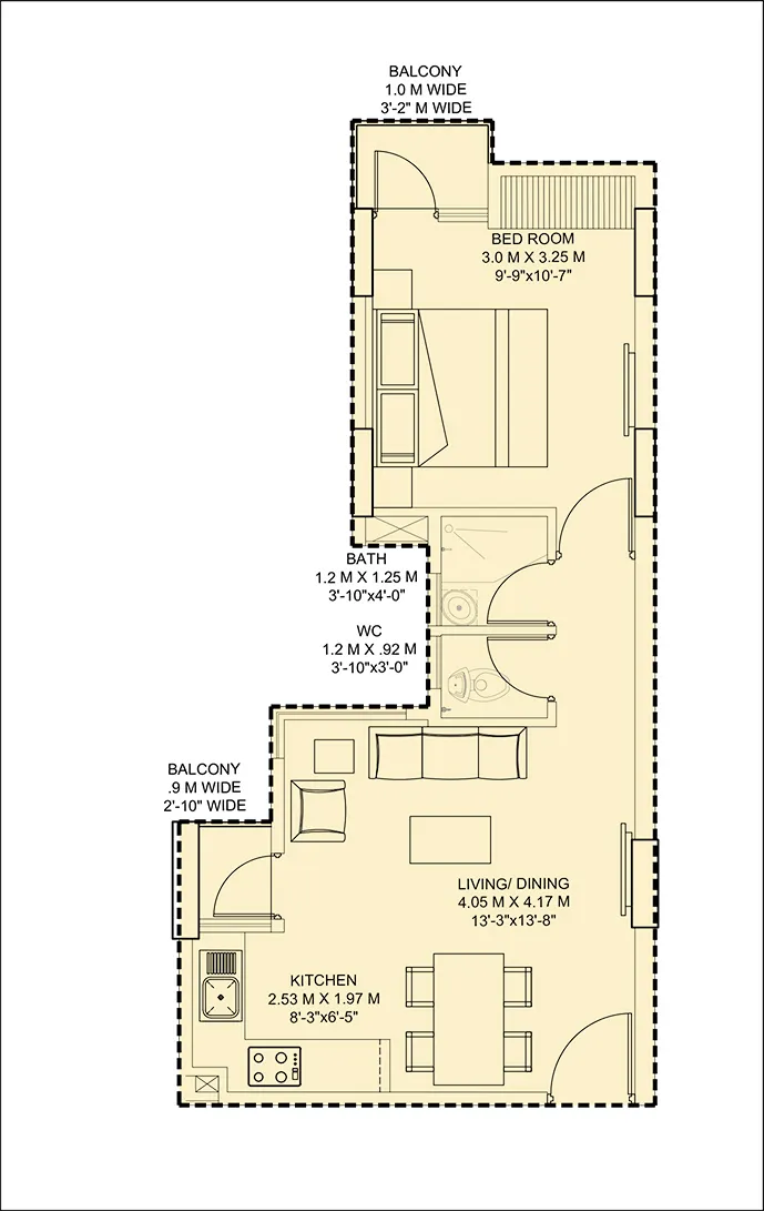 1 BHK - 580 Sq.ft