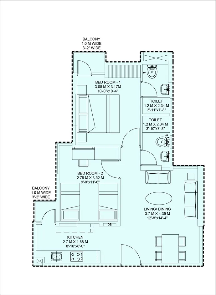 2 BHK - 840 Sq.ft