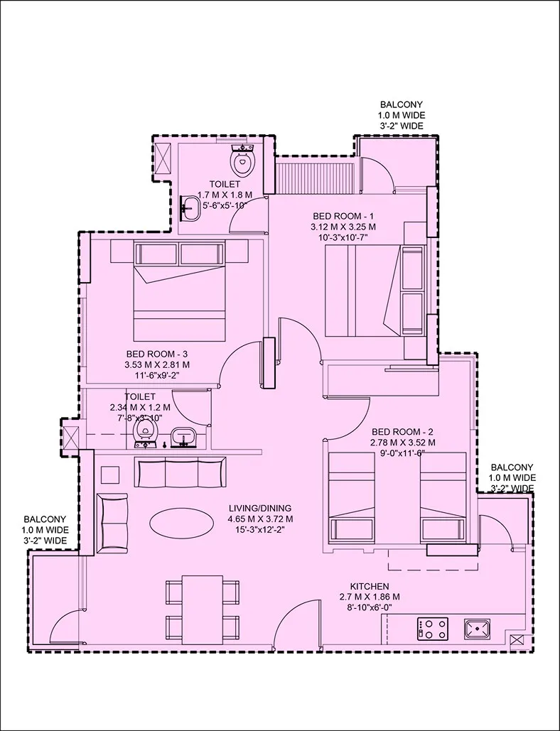 3 BHK - 1,054 Sq.ft